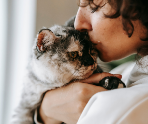 A woman gently kissing and cuddling her cat, showing love and affection between pet and owner on a cozy day.