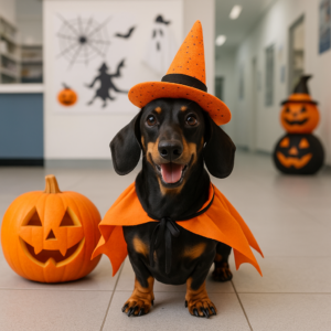 A cheerful dachshund dressed in a Halloween outfit, sitting in a veterinary clinic decorated with pumpkins and festive decorations.